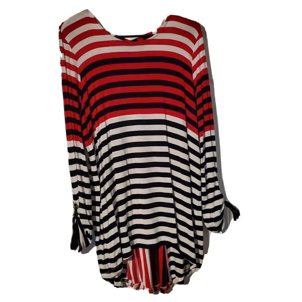 Sharon Young Blouse Womens Striped Red Black Medium Keyhole Back Long Sleeve